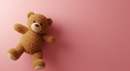 A teddy bear is centrally positioned on a vibrant pink surface.  The bear is light brown with a soft texture, and the lighting is even and bright. The image is likely taken from a slightly elevated perspective.  Suitable for use in children's products, advertising campaigns, or editorial contexts.の素材