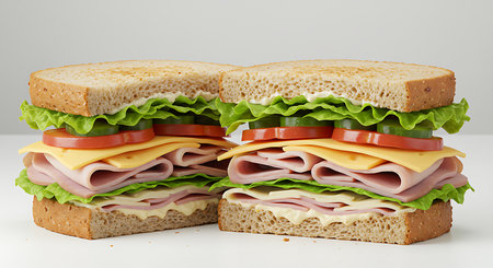 Two sliced sandwiches are presented on a light surface.  They are layered with lettuce, cheese, ham, tomatoes, and sliced jalapeの素材
