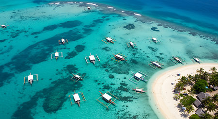 Overhead view of a tropical island with numerous small boats in a vibrant turquoise sea. The water is clear and shows coral reefs. A white sandy beach curves around a part of the island. The light is bright, suggesting a daytime scene. Suitable for travel, tourism or nature-related editorial or commercial use.の素材