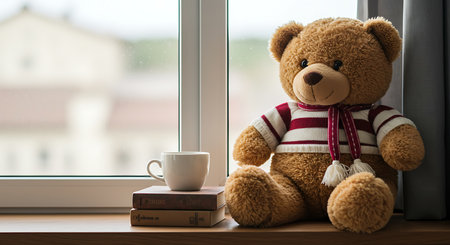 A teddy bear, dressed in a sweater and scarf, sits by a windowsill, next to a cup of tea and books.  Warm, muted tones and soft lighting create a gentle atmosphere.  The blurred background suggests an outdoor scene beyond the window.  Suitable for use in advertising or editorial content for children's products, holidays, or general themes of comfort and nostalgia.の素材