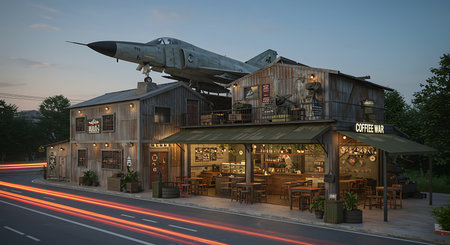 A vintage style coffee shop with a military theme, featuring an airplane on the roof. The building is constructed from wood and metal, with a rustic appearance.  The exterior is decorated with various military-themed details.  The shop is open and the outdoor seating area is visible. A street scene is visible with light trails from passing cars. The image has a commercial appeal and is suitable for promotional materials for the coffee shop.の素材