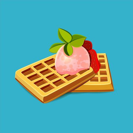 Realistic Detailed 3d Waffle Set with Fresh Berry and Green Leaves Peppermint. Vector illustration of Sweet Dessertのイラスト素材