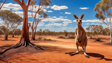 A kangaroo stands tall in the Australian outback, surrounded by red sand, scattered trees, and a clear blue sky with fluffy clouds. The scene captures the essence of the arid Australian landscape and the unique wildlife that calls it home.の素材