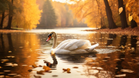 A beautiful white swan glides gracefully across a calm lake surrounded by vibrant autumn foliage. The golden light of the setting sun reflects on the water creating a serene and peaceful scene.の素材