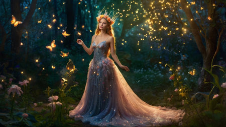A beautiful fairy with a flower crown stands in a magical forest surrounded by glowing butterflies and fireflies. She wears an elegant dress that shimmers in the soft light creating a dreamlike and enchanting scene.の素材
