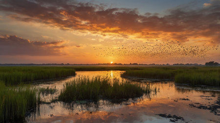 A breathtaking sunset over a tranquil wetland scene. The sky is a mix of orange and golden hues, with a flock of birds flying above the horizon. The water reflects the sky's colors, creating a mirror-like effect. The green marsh grasses add depth to the beautiful and calm environment.の素材