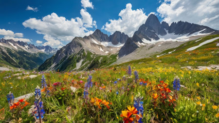 A breathtaking landscape view of a colorful mountain meadow with vibrant wildflowers blooming under a bright blue sky with fluffy white clouds. In the background, imposing mountains rise, some capped with snow, creating a scenic vista.の素材