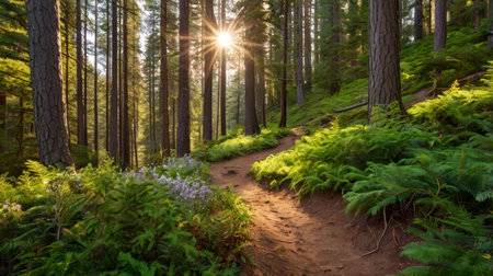 A captivating scene of a sunlit path winding through a lush forest. Tall trees stand guard as vibrant green ferns blanket the ground, inviting a sense of tranquility and exploration into the heart of nature.の素材