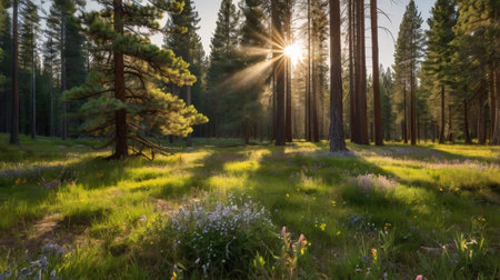 Sunlight filters through tall trees, illuminating a vibrant meadow filled with wildflowers in a serene forest setting. The scene evokes peace and tranquility.の素材