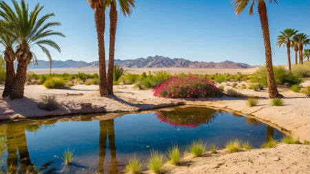 A desert landscape featuring a small pool of water surrounded by palm trees, other desert vegetation and a patch of flowering bushes with mountains in the background.の素材