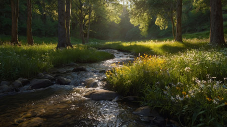A tranquil stream flows over rocks through a lush green forest. Sunlight filters through the trees, casting a warm glow on the water and flowers. The scene is peaceful and serene, with a natural beauty.の素材
