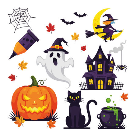 A set of cheerful cartoon Halloween illustrations featuring a witch, pumpkin, ghost, haunted house, black cat, cauldron, and other spooky elements. Vibrant colors and playful styleのイラスト素材
