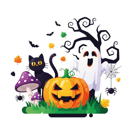 A Halloween illustration featuring a carved pumpkin, black cat, ghost, spooky tree, mushrooms, bats, and spiders.のイラスト素材