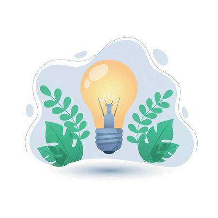 Illustration of a glowing light bulb surrounded by green leaves, symbolizing eco-friendly ideas and...
