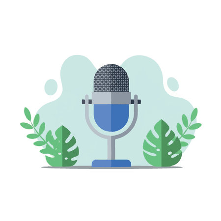 A retro microphone on a stand surrounded by stylized green leaves and soft blue abstract shapes, representing audio recording or broadcasting.のイラスト素材