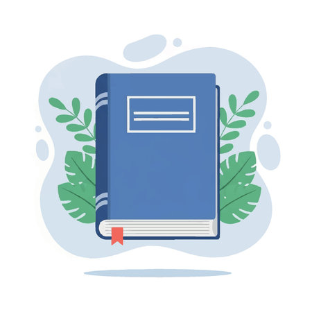 A blue book with a red bookmark is surrounded by green leaves and a light blue background.のイラスト素材