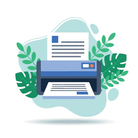 Vector illustration of an office printer machine printing a paper document. Modern flat design concept of office equipment, technology, and paperwork with decorative leaves.のイラスト素材