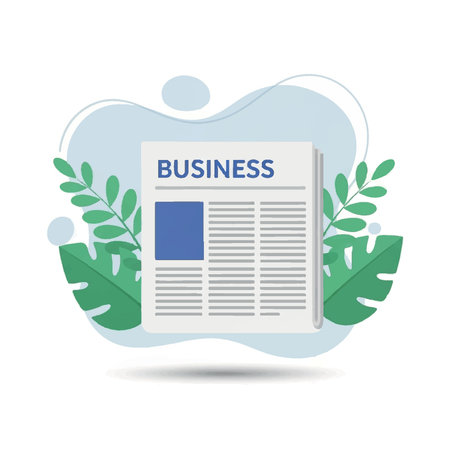A business newspaper illustration with abstract shapes and leaves in the background.のイラスト素材