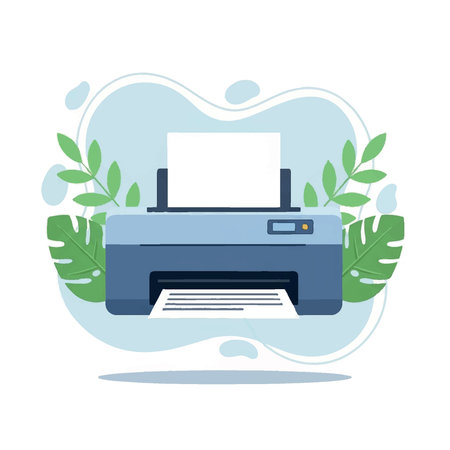 A vector illustration of a modern printer with paper, surrounded by leaves and a light blue...