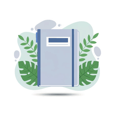 A simple, flat illustration of a closed notebook with a label, surrounded by green leaves and abstract shapes.のイラスト素材