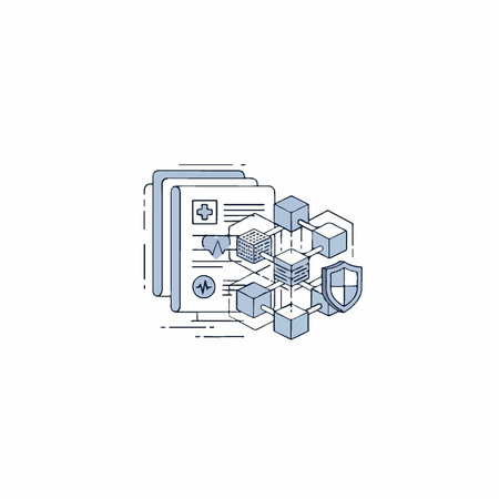 Illustration of a secure blockchain network for medical data, featuring medical records, cubes, and a shield.のイラスト素材