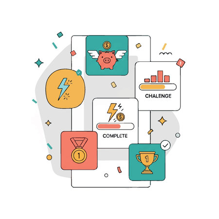 Illustration depicting the completion of a challenge, showcasing rewards like a medal and trophy.のイラスト素材