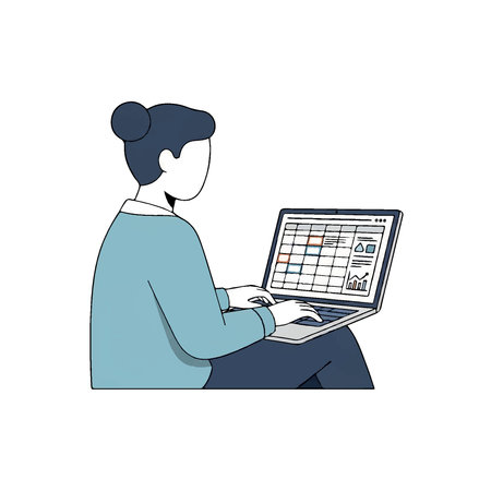 A person is shown from behind, focused on a laptop screen displaying a spreadsheet with charts and data.のイラスト素材