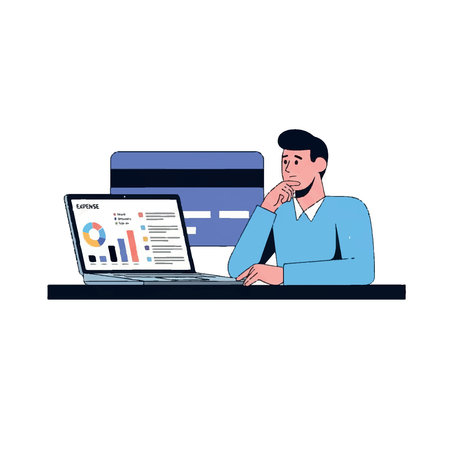 [A thoughtful man sits at a desk analyzing his financial expenses on a laptop, with a large credit card in the background.]のイラスト素材