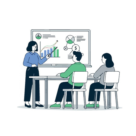 Minimalist illustration of a businesswoman presenting financial analysis on a whiteboard to her team. Scene depicts a corporate meeting with charts and graphs.のイラスト素材