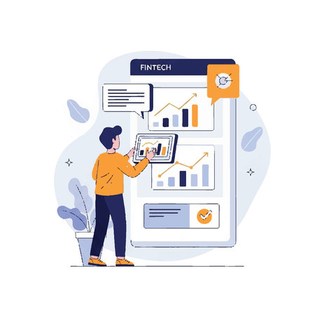 An illustration of a person analyzing financial data and charts on a large screen, representing...