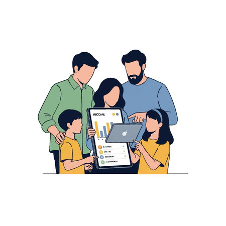 Illustration of a family of four reviewing their monthly income on a tablet and laptop.のイラスト素材
