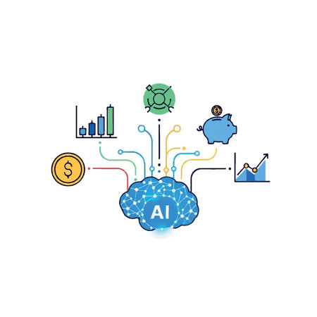Illustration depicting AI's role in financial markets, showcasing investment, growth, and savings.のイラスト素材
