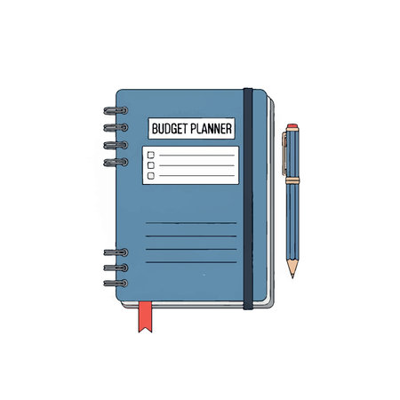 A blue spiral-bound notebook labeled "Budget Planner" with a red bookmark and a blue pencil.のイラスト素材