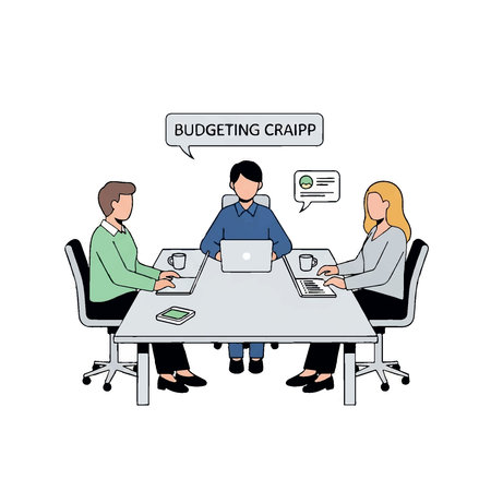 Three business professionals collaborate on a budgeting project during an office meeting, discussing financial plans and strategy.のイラスト素材