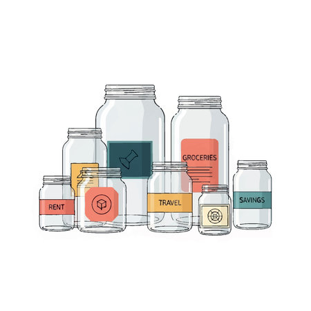 Illustration of various sized glass jars labeled for different budget categories like rent,...
