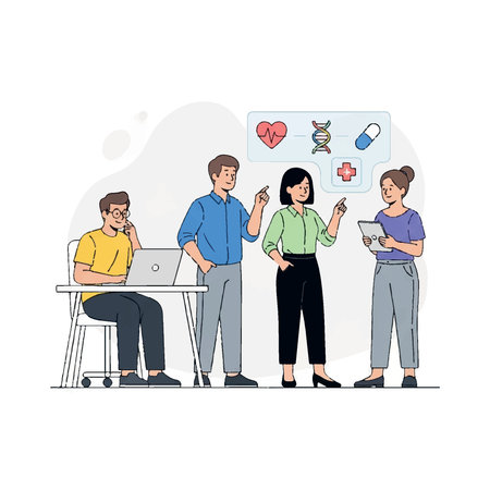 Healthcare professionals and researchers discussing medical data, genetics, and treatment options in a collaborative office environment.のイラスト素材