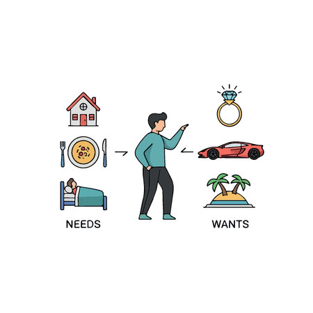 A conceptual illustration showing the difference between needs and wants, with a person deciding between them.のイラスト素材