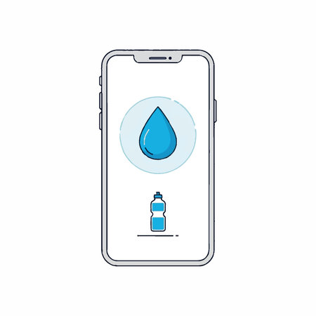 Illustration of a smartphone displaying a water drop and bottle, representing a hydration app.のイラスト素材