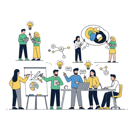 Cartoon illustration of diverse people in a business meeting, brainstorming and collaborating.のイラスト素材