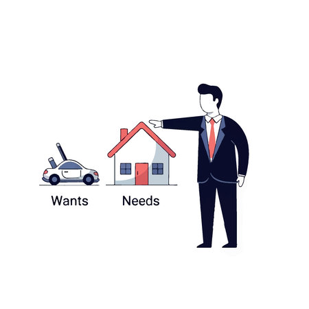 Simple illustration comparing wants and needs, with a businessman pointing to a house as a need.のイラスト素材