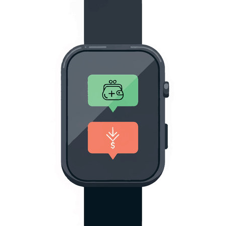 Digital illustration of a smartwatch screen showing financial transactions, including income and expenses. Perfect for mobile banking, budgeting, and financial management concepts.のイラスト素材