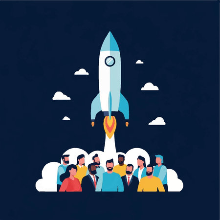 Diverse team watching rocket launch, symbolizing business growth and success.のイラスト素材