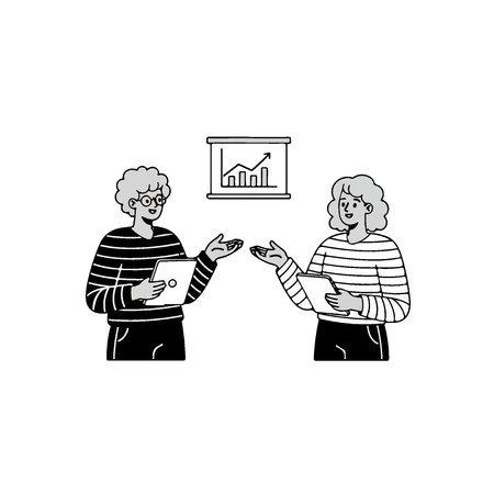 Two people discussing business growth and strategy, holding tablets and gesturing towards a chart.のイラスト素材