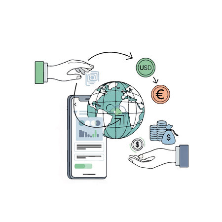 Illustration depicting global currency exchange, financial transactions, and mobile banking.のイラスト素材