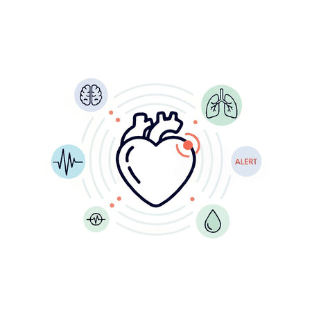 Illustration of a heart surrounded by icons representing different body systems, indicating health and alert.のイラスト素材