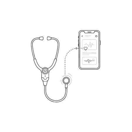 Medical stethoscope connected to a smartphone displaying heart rate data.のイラスト素材