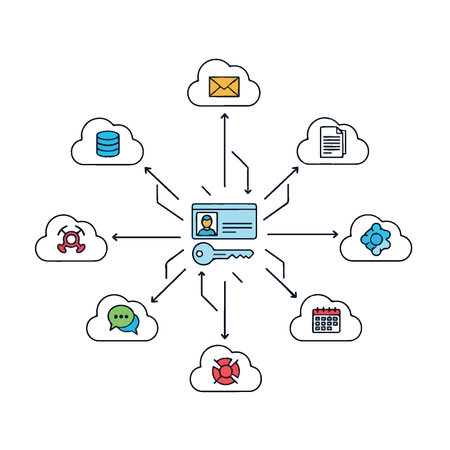 Illustration of cloud security and data protection with identity card and key connected to various cloud services.のイラスト素材