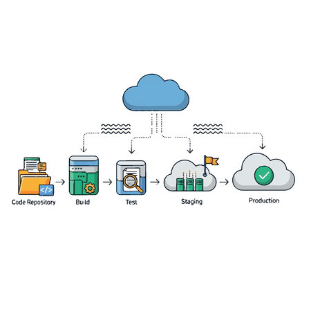 [Infographic illustrating the continuous integration and delivery pipeline for software development, from code repository, build, test, and staging to production.]のイラスト素材