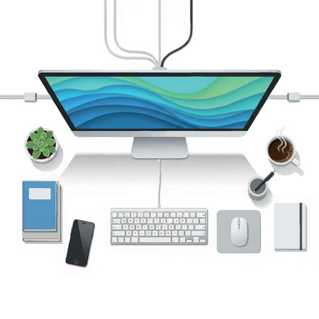 Top view of a modern workspace with computer, keyboard, mouse, phone, coffee, and books.のイラスト素材