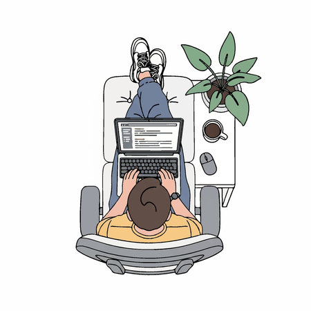 Illustration of a person working on a laptop while relaxing in a chair.のイラスト素材